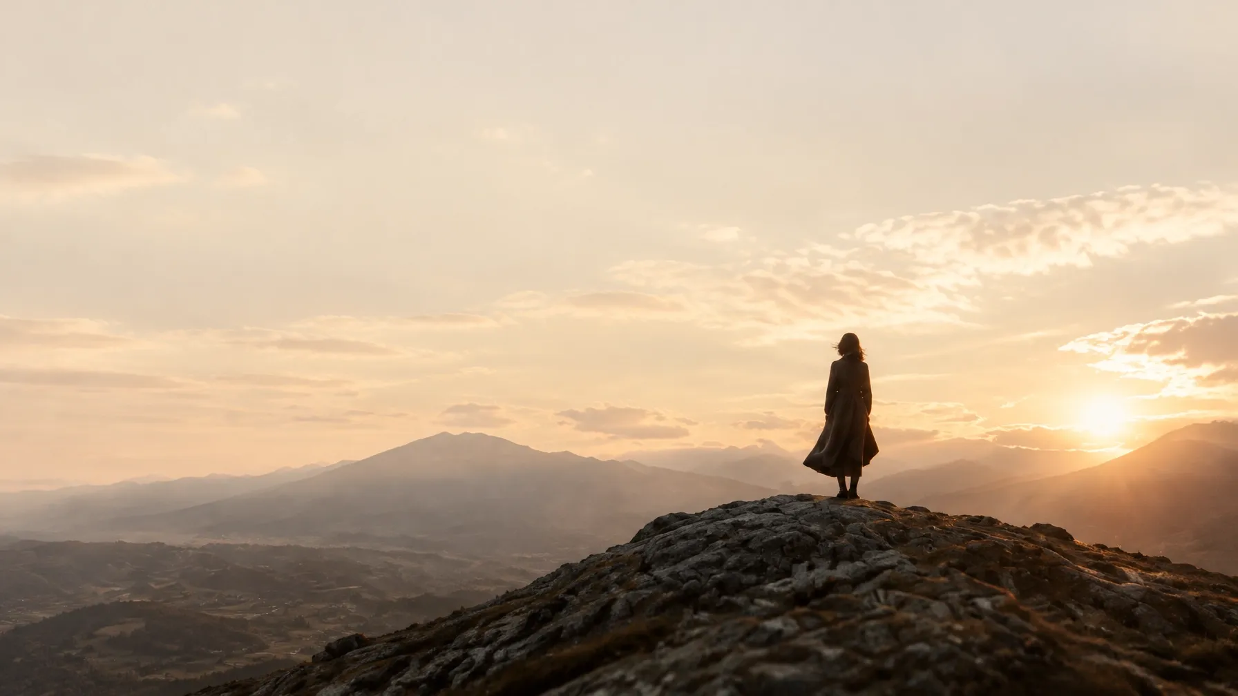 A woman stands quietly on a mountain ridge at sunset